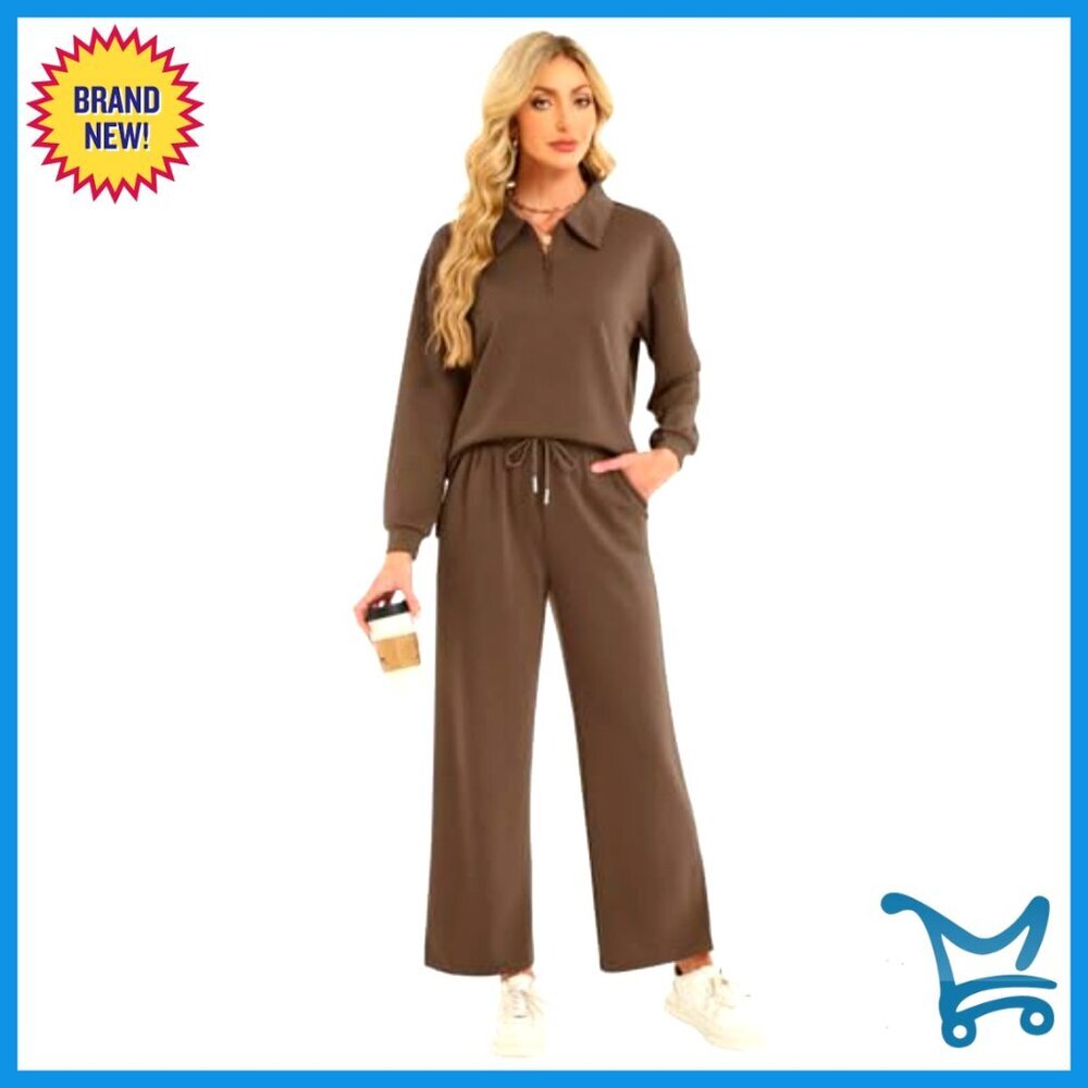 2-Piece Lounge Set Zip-Up Top Wide Leg Pants Travel Casual Outfit - Picture 5 of 7